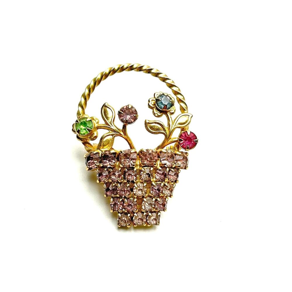 Vintage Flower Basket Brooch Pastel Rhinestone Gold Tone Prong Set Floral Pin